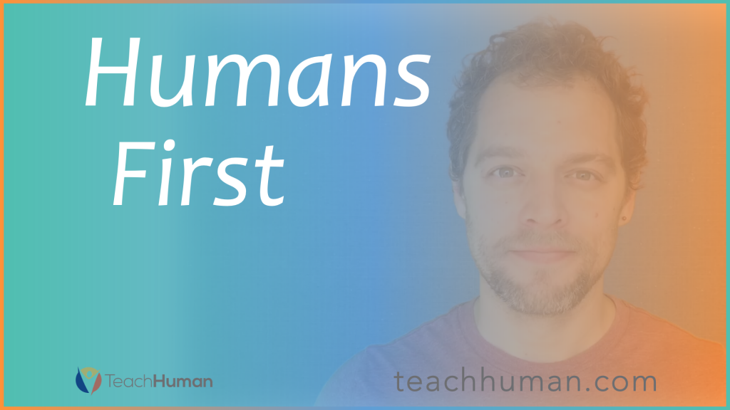 Banner with text HUMANS FIRST and semi-transparent face of a man
